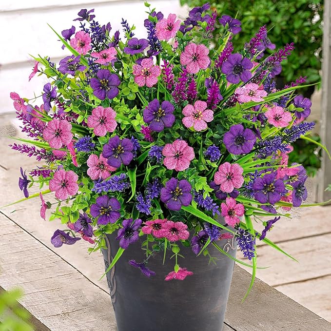 12 Bundles Artificial Flowers Outdoor Silk Fake Plants UV Resistant Faux Plastic Greenery Shrubs for Home Outside Garden Front Porch Window Box Pot Planters Decor (Double Purple)