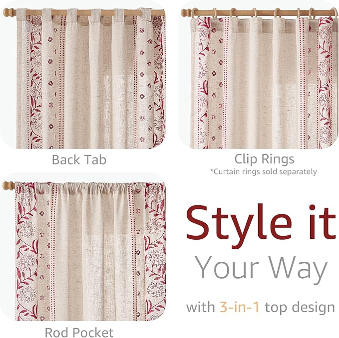 jinchan Red Floral Linen Curtains for Bedroom 84 Inches Length Holiday Curtain Embroidered Bordered Curtains for Living Room Farmhouse Decor Light Filtering Window Treatments Red on Beige 2 Panels
