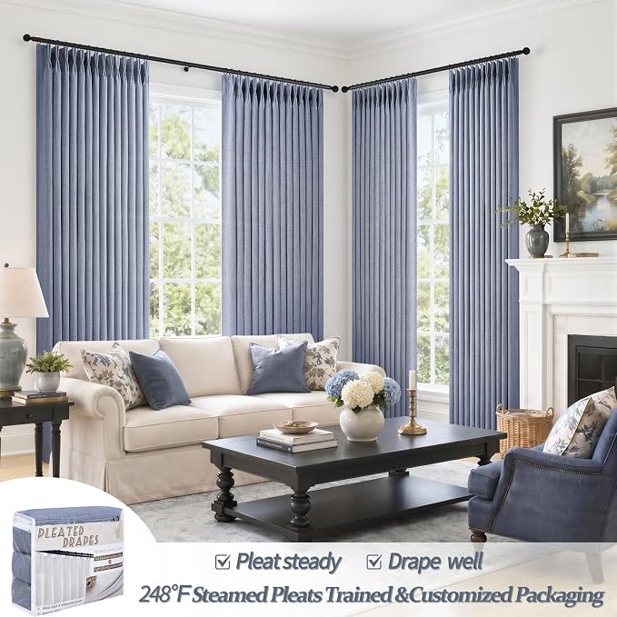 Pinch Pleated Linen Greyish Blue Sheer Curtains 84 Inches Long for Bedroom
