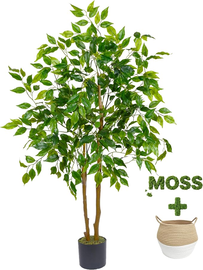 Warmplants Artificial Ficus Tree, 4ft Tall Fake Ficus Tree with Basket, Faux Plant for Indoor Outdoor Home Livingroom Office Garden Porch Décor