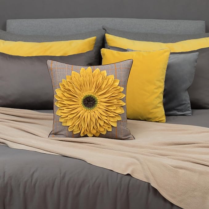 OiseauVoler 3D Sunflower Handmade Throw Pillow Cover Decorative Pillowcase Yellow Plaid for Home Bed Living Room Decor 18 x 18 Inch