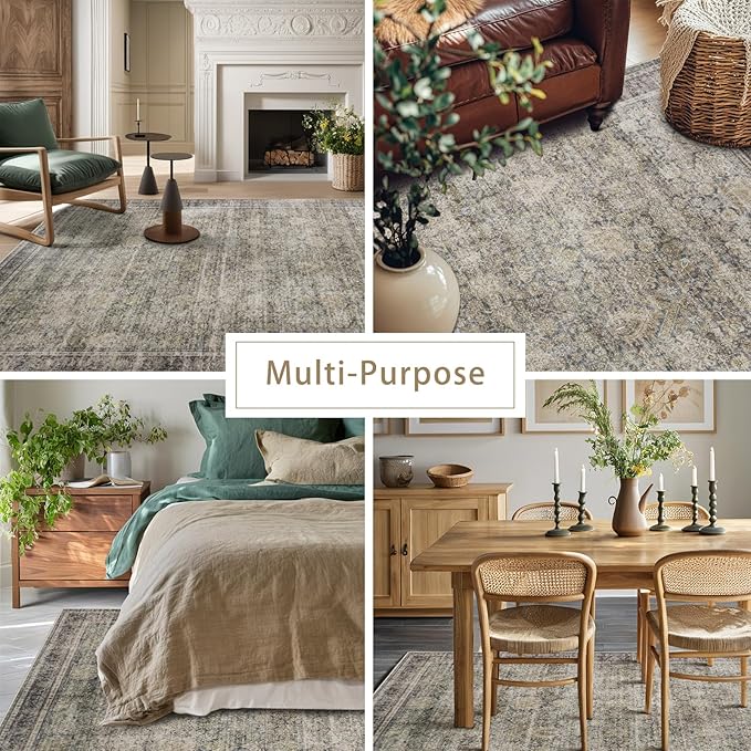 Srugn Washable Rugs 8x10 Area Rugs for Living Room,Bedroom and Dining Room-Large Ultra Soft Faux Wool Retro Carpets,Non Slip&Non-Shedding Low Pile Vintage Print Home Office Rug-Brass Green-Brown-Olive