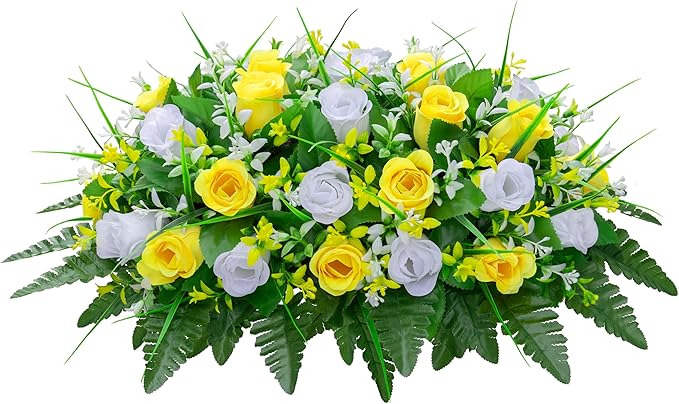 LVXINLI Artificial Cemetery Flowers Saddle-Shaped Tombstone Decorations Non-Fading UV-Resistant（Yellow and White Saddle ）
