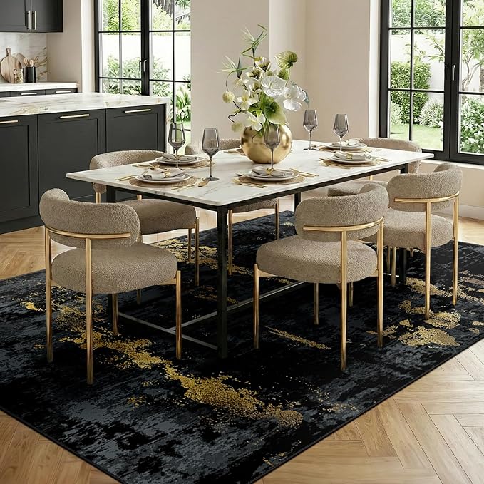RELEANY Washable Area Rugs 8'x10' Non-Slip Modern Abstract Soft for Living Room Entryway Bedroom Nursery, Print Pattern, Dark Black Gold