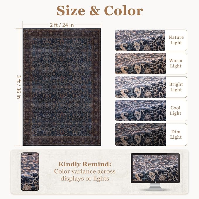 Dark Blue Washable Entryway Rug 2x3, Vintage Print Kitchen Bathroom Rugs Non Slip, Maximalist Small Rug for Bedroom Old Money Aesthetic, Low Pile Ultra Thin Door Mat Indoor Entrance