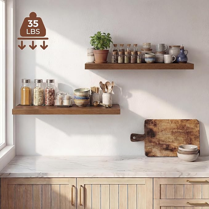 Dreamland 32 Inches Floating Shelves for Wall, 9.3" Deep Long Floating Shelves Set of 2, Large Display & Storage Shelf, Wall Shelf for Bathroom Bedroom Living Room Kitchen Office, Walnut