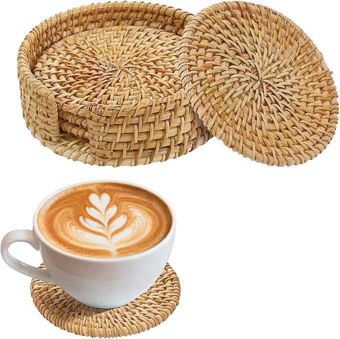 4pcs Natural Handmade Rattan Coasters with Holder - Wicker Drink Coasters Set for Protecting Table, Housewarming Gifts Boho Fall Home Coastal Decor