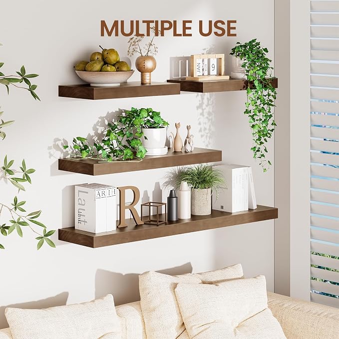 Heimlove Solid Wood Floating Shelves 16 inch, 8 Inch Deep Display Shelves Set of 2, Wall Mounted Floating Shelf with Invisible Brackets for Bathroom Bedroom Kitchen Living Room - American Walnut