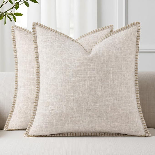 decorUhome Summer Decorative Throw Pillow Covers 22x22 Set of 2 Square Faux Linen Outdoor Neutral Farmhouse Euro Sham Pillow Covers with Stitched Edge for Couch Sofa Living Room, Beige