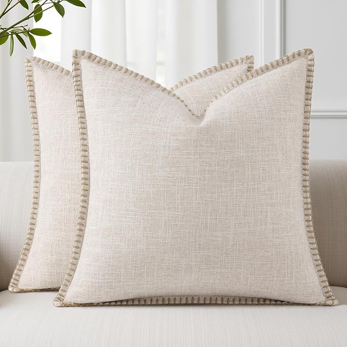 decorUhome Summer Decorative Throw Pillow Covers 20x20 Set of 2 Square Faux Linen Outdoor Neutral Farmhouse Pillow Covers with Stitched Edge for Couch Sofa Living Room, Beige