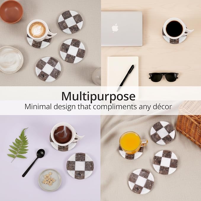 Marble Coasters Set of 4, White & Oceanic Handmade 4 inch Round Stone Coaster, Drink Checkered Coaster Plates for Coffee Table, Stylish Bar Accessories & Modern Home Décor