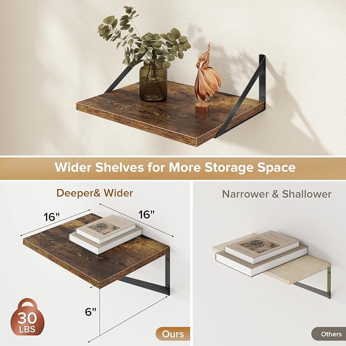 Acovy Deep Floating Shelves Wall Mounted, 16"x12" Brown Wood Shelves with Brackets Set of 2 for Bedroom, Living Room, Bathroom, Kitchen, Office - Storage & Display Shelf for Decor, Books, Plants