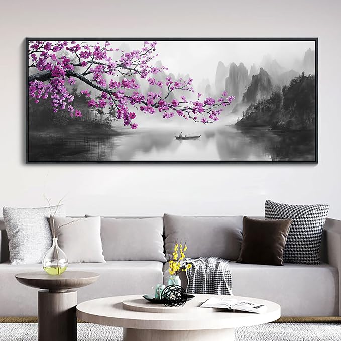 YDYSUNE Extra Large Purple Wall Art Decor for Living Room Bedroom Framed Black and White Landscape Full Moon Purple Flower Painting Canvas Picture Plum Blossom Artwork for Home Office 70x31IN