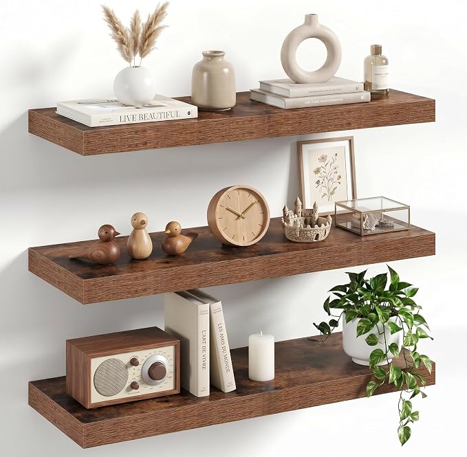 24" Floating Shelves for Wall, Set of 3, 8" Deep, 1.5" Thick, Brown | Rustic Wood Wall Shelves with Invisible Brackets, Storage and Display for Bathroom, Bedroom, Living Room or Kitchen