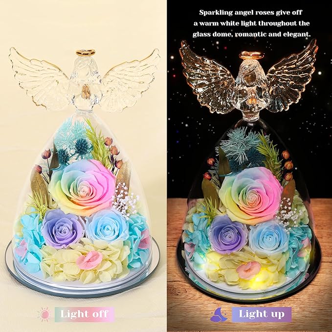 FIACO Gifts for Women Mom Preserved Rose Forever Flower in Glass Angel Figurine Fresh Flowers for Delivery Birthday Gifts for Grandma Wife Sister Eternal Roses