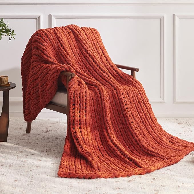 Negwoo Chunky Knit Throw Blanket, 60''*80'' Fall Throw Blanket Knitted Chenille Yarn for Bed Couch, Handmade Orange Crochet Big Thick Blanket, Machine Washable Cute Comfy Blankets for Home Decor
