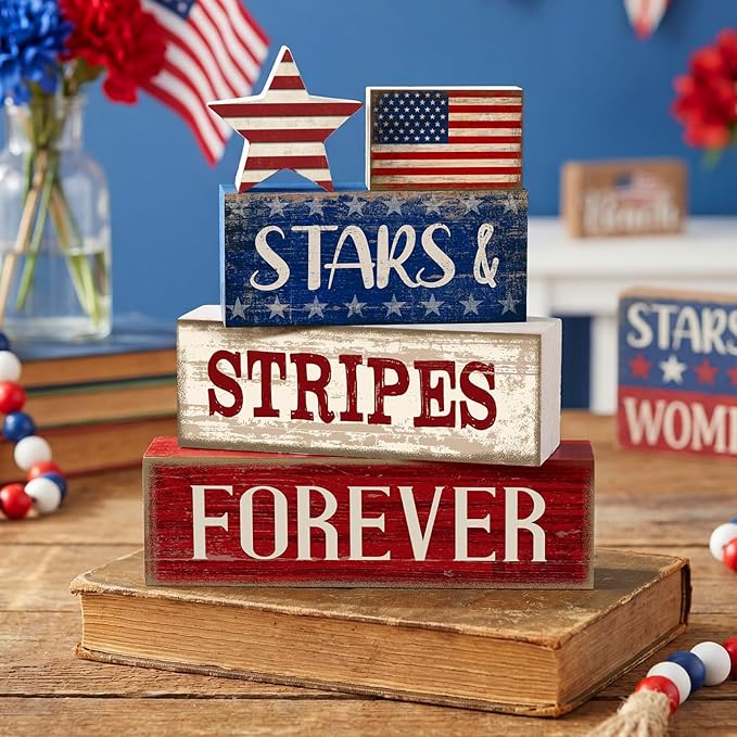 CroBlissful 5 Pcs 4th of July Decorations Patriotic Memorial Day Tabletop Decoration Forever Red White Blue Table Centerpieces Sign for Office Tiered Tray Home Shelf 250th Anniversary