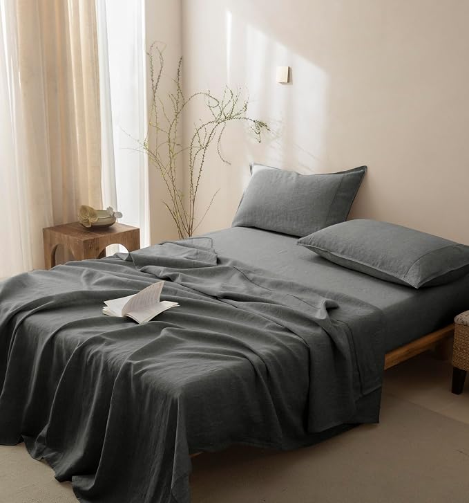 Talasily 100% French Linen Pillow Case Queen Size Set of 2,Oeko-TEX Certified Stone Washed Flax Pillow Shams with Envelope Closure - Breathable & Cooling for Hot Sleepers（Dark Grey,20''x30''）