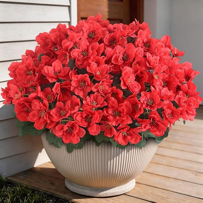 YXZZWL 16 Bundles Artificial Flowers for Front Door, Fake Silk Azalea Bouquet Silk Flowers for Outside UV Resistant Realistic Faux Plants for Planter Farmhouse Patio Garden Walkways Home Decor (Red)