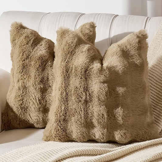 AmHoo Pack of 2 Throw Pillow Covers 3D Dense Faux Rabbit Fur Cozy Super Soft Fuzzy Set Case Cushion for Couch Sofa Bedroom 20 x 20-Inch Iced Coffee