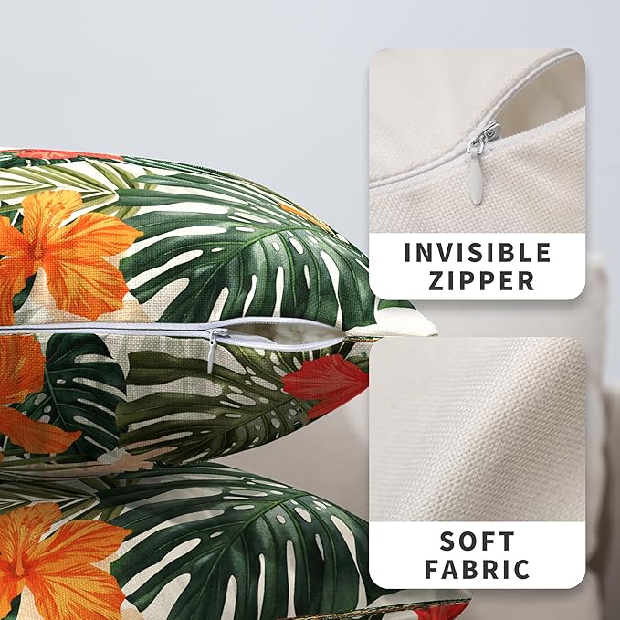 Hawaiian Hibiscus Flower Throw Pillow Covers Summer Tropical Pillow Covers 18x18 Monstera Palm Leaves Decorative Pillow Case Set of 2 for Home Decor Living Room Patio