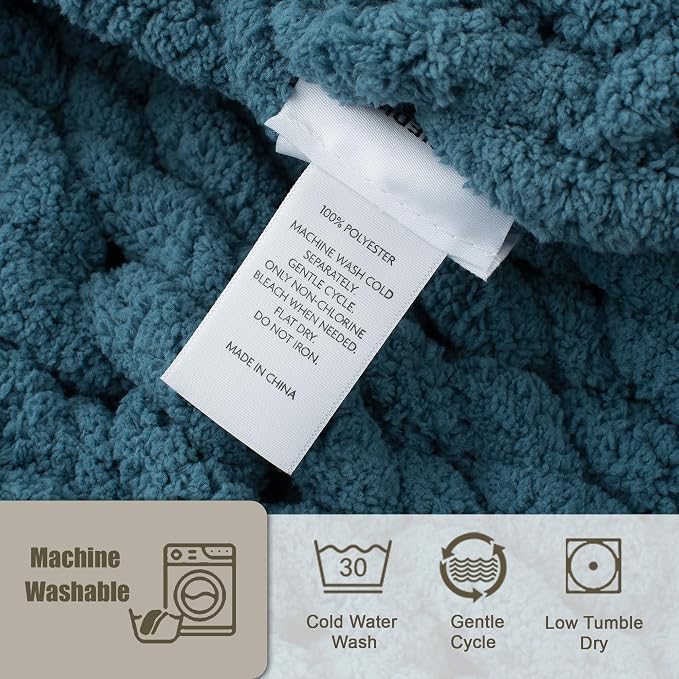 Chunky Knit Throw Blanket 60x80, 100% Handmade Chenille Yarn | 6.7lbs Soft Thick Cable Knitted Blankets, Large Rope Knot Crochet Throws for Couch Sofa Bed Machine Washable, Lyons Blue