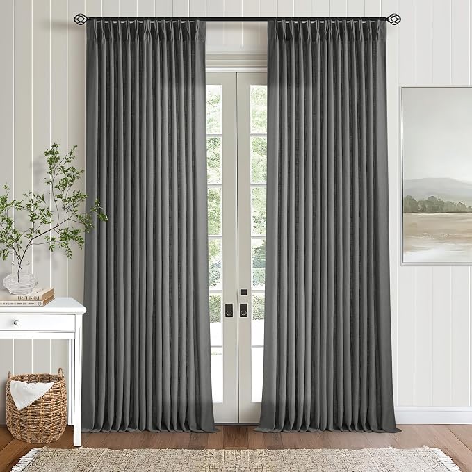 Charcoal Gray Linen Pinch Pleated Curtains 120 Inches Long for Living Room Pleated Drapes Back Tab Thick Linen Dark Grey Simple Modern Neutral Farmhouse Extra Long 120 Inch Curtain for Dining Bedroom