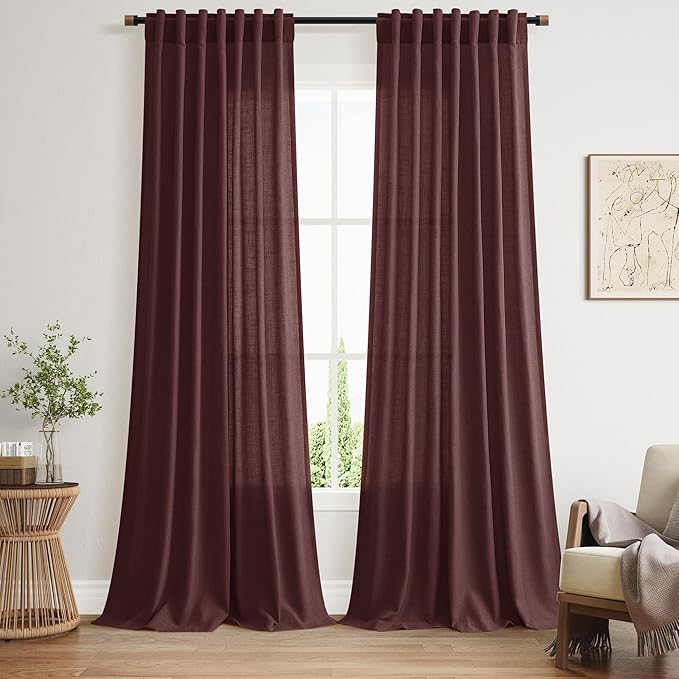 Nanspring Reddish Brown Linen Blend Light Filtering Back Tab Curtains 96 Inches Long, Semi Sheer Privacy Drapes for Living Room & Bedroom, 52x96 inch, 2 Panels