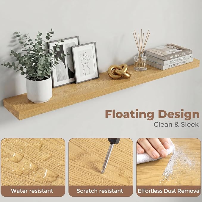 Venusmiles Floating Shelves for Wall, 48 Inch Floating Shelves Set of 2, 6.5" D Wooden Wall Mounted Display Shelves with Invisible Brackets for Living Room, Bedroom, Bathroom, Kitchen Decor, Oak