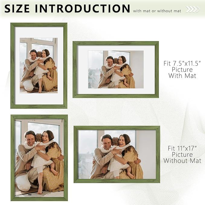 Picrit 11x17 Picture Frame Set of 12, Display 8x12 with Mat or 11x17 without Mat, Photo Frames for Wall Mounting Display, Green Wood Grain