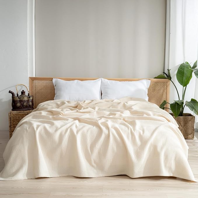100% Turkish Cotton Blanket Queen Size Waffle Weave Blankets, Made in Turkiye, Light Airy Throw Bedspread (Natural Raw, Queen Size Blanket 90 x 90 inch)