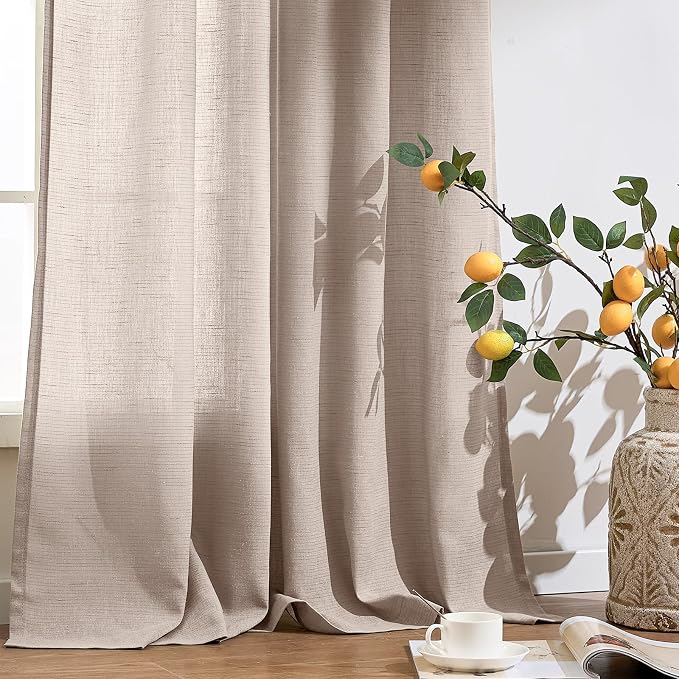 jinchan Linen Curtain 96 Inches Long for Sliding Glass Door, Extra Wide 100 Inch Farmhouse Semi Sheer Ceiling Curtain Living Room Light Filtering Grommet Farmhouse Rustic Taupe Drape, 100"x96" 1 Panel