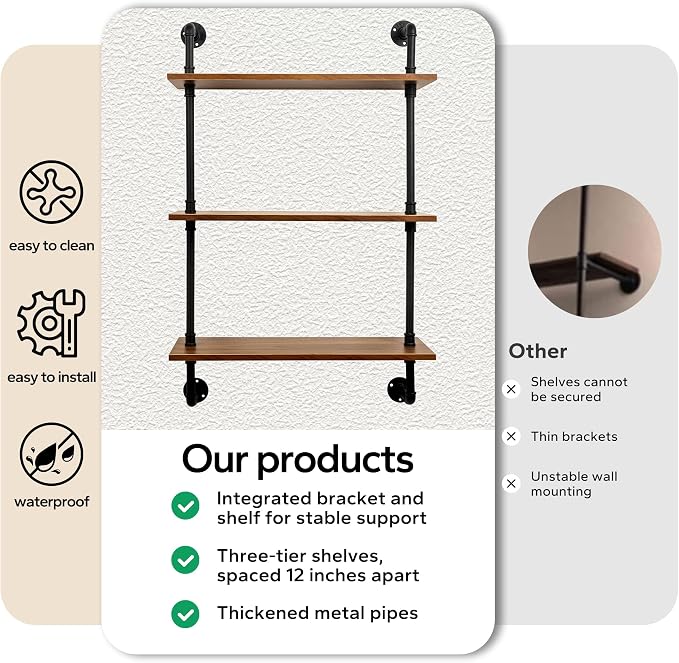 3-Tier Industrial Pipe Floating Shelf – Rustic 30 inch Wood Wall-Mounted Storage Shelf for Kitchen Office,Bathroom & Home Decor -Walnut