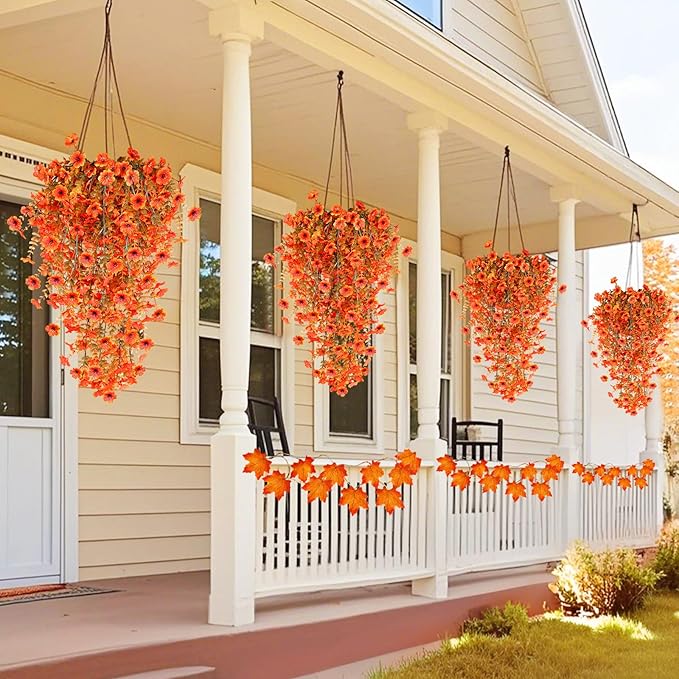 TURNMEON 4 Pcs Artificial Hanging Fall Flowers Fall Decorations, Fake Mums for Outdoors UV Resistant Hanging Plants Faux Silk Daisy Flowers for Autumn Decor Home Indoor Outside Gardens Porch (Orange)