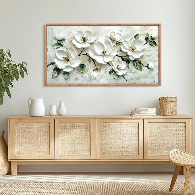 CHDITB 3D White Magnolia Floral Impasto Relief Textured Framed Canvas Wall Art Set, Neutral Beige Minimalist Wall Decor, Modern Texture Art Prints for Living Room Hallway Bedroom Home Decor 40"x20"
