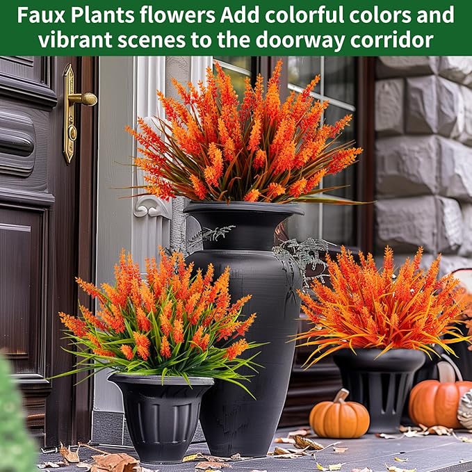 Nigirior Artificial Flowers for Outdoor Plants 24 Bundles Fake Lavender Plastic Faux Monkey Grass for Verandah Window Garden Office Patio Front Porch UV Resistant for Planter(Orange)