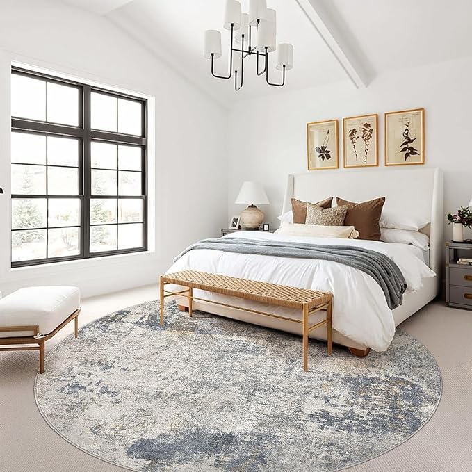 UERMEI 10ft Round Area Rug Living Room Rugs - 10x10 Washable Large Neutral Modern Abstract Soft Thin Rug Indoor Floor No Slip Rug Carpet for Bedroom Under Dining Table Home Office Decor - Blue Grey