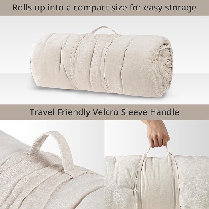 Intelligent Design Edelia Foldable Poly Chenille Light Weight Lounge Floor Pillow Cushion Tufted Seat for Meditation, Game Playing, Yoga, Reading with Travel Wrap, 74x27, Ivory