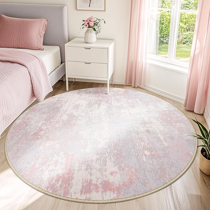 RELEANY Washable Area Rugs 4ft Non-Slip Modern Abstract Soft for Living Room Entryway Bedroom Nursery, Print Pattern, Grey Pink