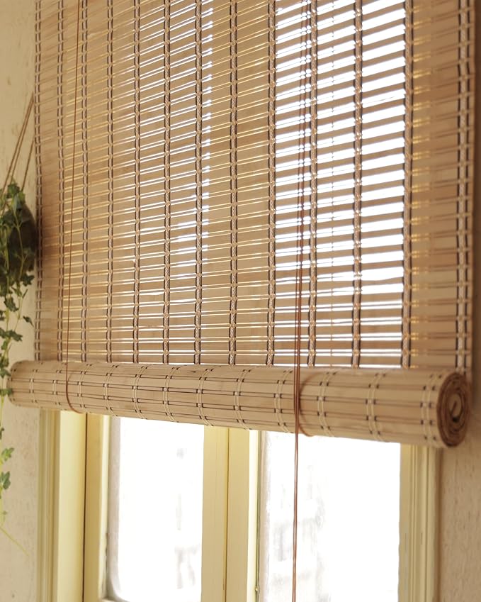 24" Wx72 H Bamboo Blinds Roller Shades for Indoor Windows, Blackout Bamboo Curtain Roll Up wiht Cord, Privacy Roman Shade for Interior/Exterior Windows, Mounting Hardware Included