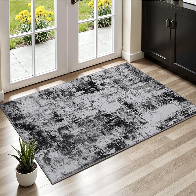 Rugflix 2x3 Entrance Rugs, Entry Rug Washable Non-Slip Stain-Resistant Low Pile Small Modern Dark Carpet, for Living Room Bedroom Indoor, Black Grey