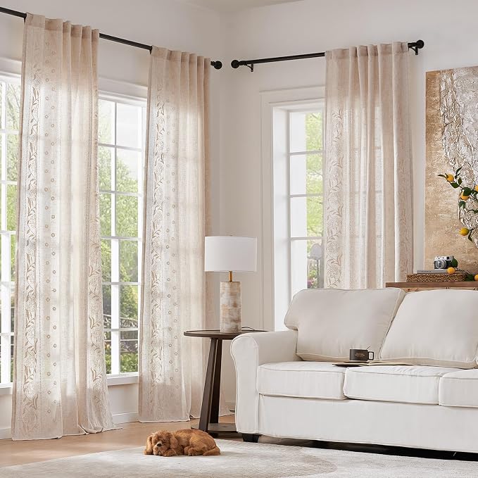 jinchan Winslow Linen Curtains for Bedroom 108 Inches Length Embroidered Bordered Floral Curtains for Living Room Farmhouse Decor Light Filtering Window Treatments Ivory on Beige Drapes 2 Panels