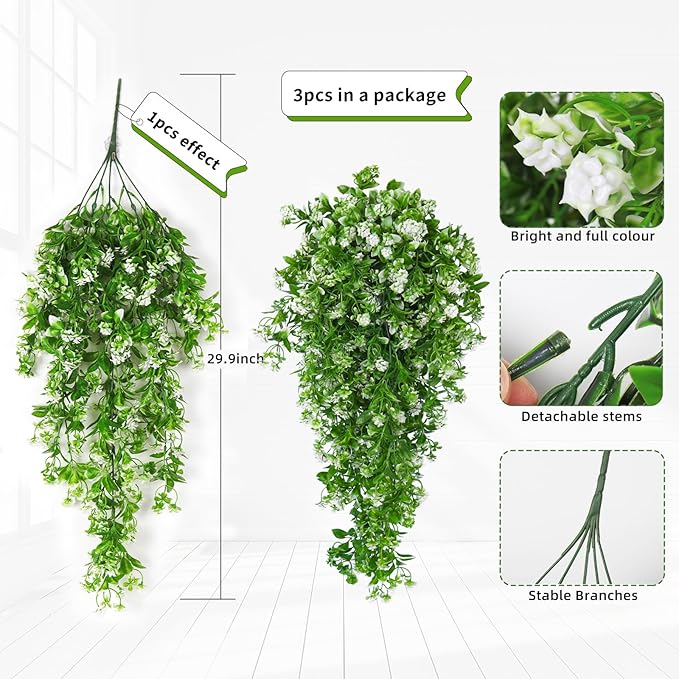 SJL Artificial Hanging Plants Fake Vine Faux Greenery Outdoor UV Resistant Plastic Plants Artificial Plant Outdoors Fake Hanging Vine for Indoor Outdoor Home Garden Wedding Party Decor (White)
