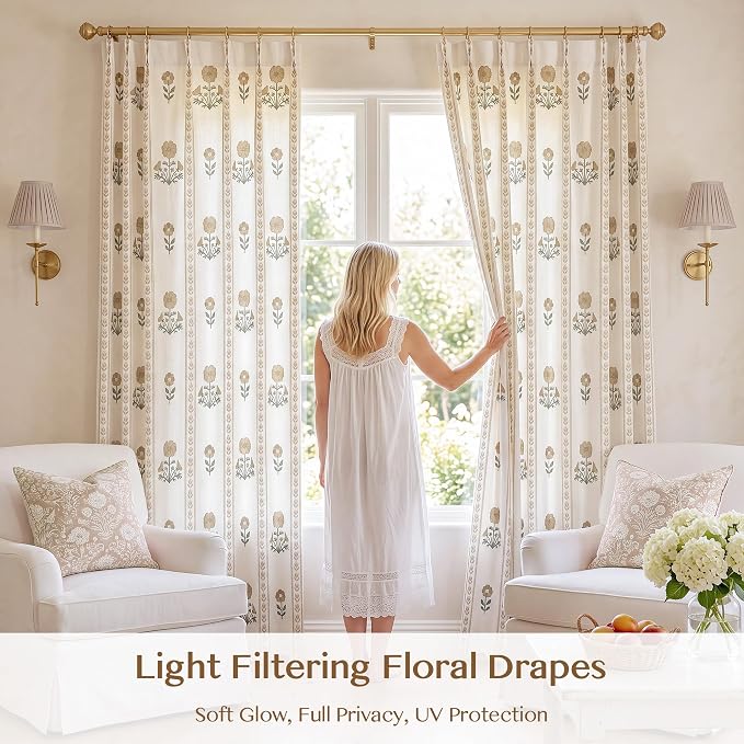 THREE GIRLS Pinch Pleated Light Filtering Linen Blend Floral Block Print Curtains for Bedroom, Dining Room, Living Room, Farmhouse, Memory Trained, Hooks, 2 Panels Set, 40"x120", Brown