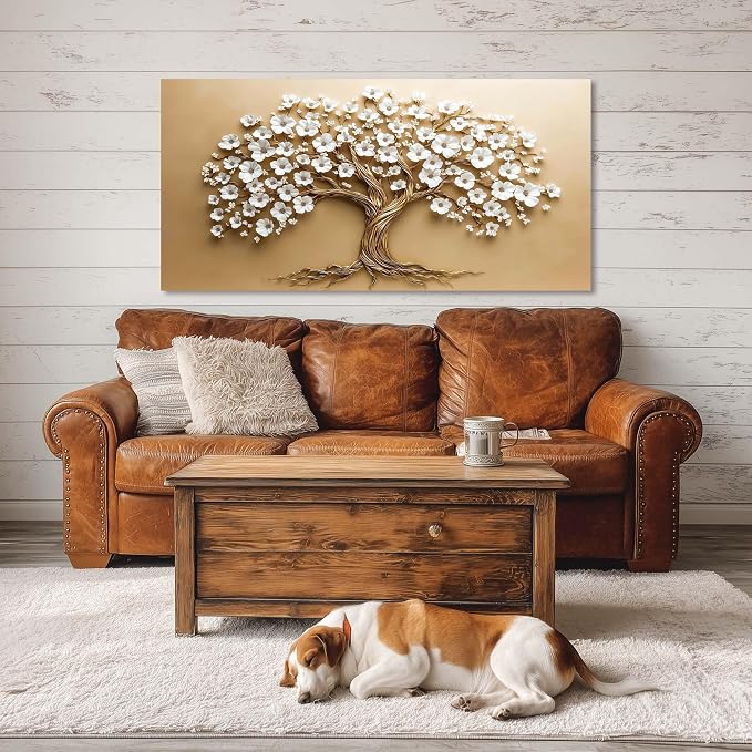 Ggaafet White FLower Tree Wall Art for Bedroom Canvas Oil Painting Prints Beautiful Floral Blooming Art Deco Modern Artwork Office Family Dining Room Decor