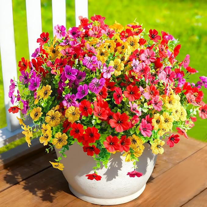 12 Pcs Artificial Flowers for Outdoors, Fake Outdoor Plastic Flowers for Outdoors UV Resistant, Fake Plants Artificial Plants Outdoor Plastic Plants, Silk Faux Spring Flowers for Outside