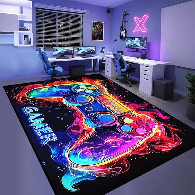Gaming Rug for Rooms - 8×10 Gaming Rugs for Boys Bedroom Gamer Room Decor Kids Oversized Gamepad Themed Cartpet Rug