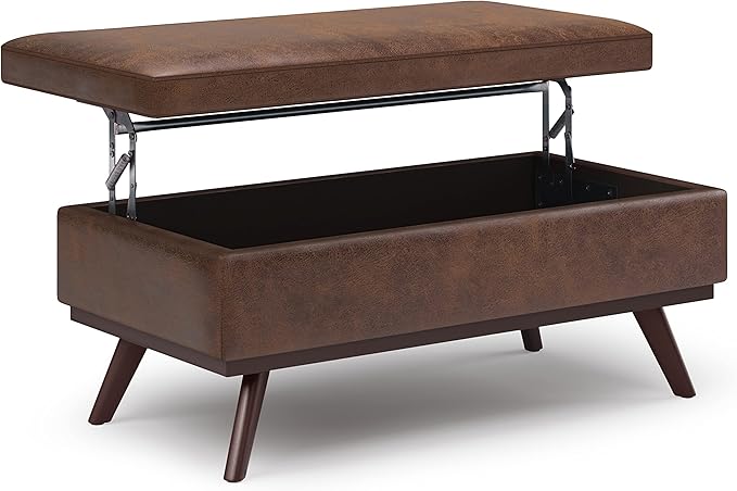 SIMPLIHOME Owen Lift Top Coffee Table Storage Ottoman - 42 inch Wide Upholstered Vegan Leather Rectangular Lift-Top Ottoman in Distressed Chestnut Brown, Mid-Century Modern Ottoman for Living Room