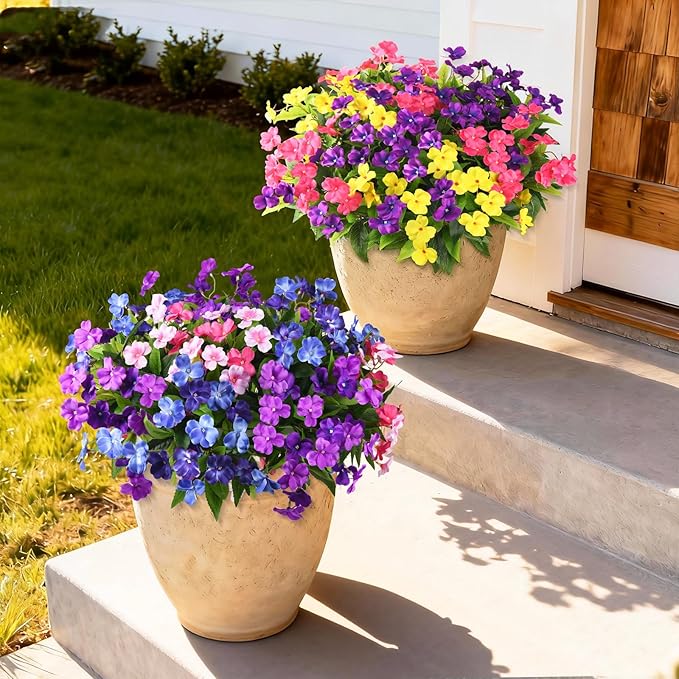 Artificial Impatiens Flowers for Outdoors, 6 Bundles Multicolor Silk Fake Flowers for Spring Summer Decoration, UV Resistant Faux Plants Plastic Bouquet for Home Planter Porch Patio Yard Decor