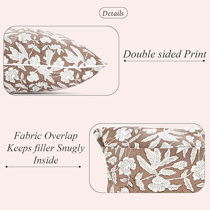 Ridhi Oak Brown Block Print Cotton Piping Throw Pillow Covers 16x16 Set of 2 Decorative Couch Pillows for Living Room, Chic Boho Cute Outdoor Pillows Covers Gifts for Christmas, Thanksgiving